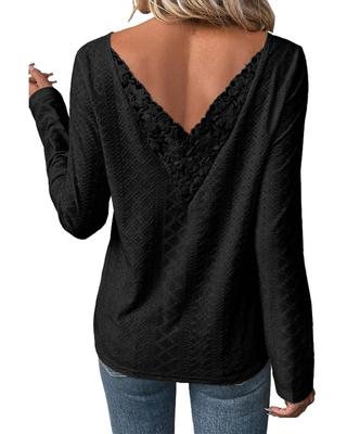 Black Floral Lace Splicing Eyelet Long Sleeve Top