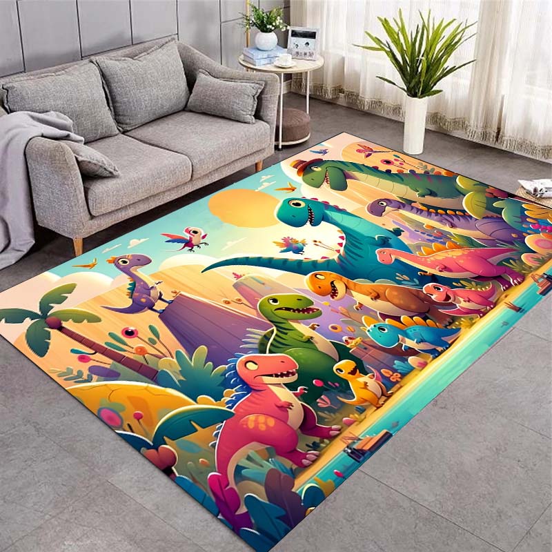 Cartoon Colorful Dinosaur Jungle Sun Landscape Print Area Rug Non‑Slip Rectangular Floor Mat Prehistoric Home Decor