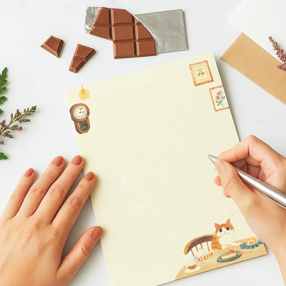 72 Pieces Cute Cat Writing Paper and Envelopes, 8.3x5.6 Inch Stationery Set, 48 Lined Sheets & 24 Envelopes, Kitty Design for Letters, Invitations,