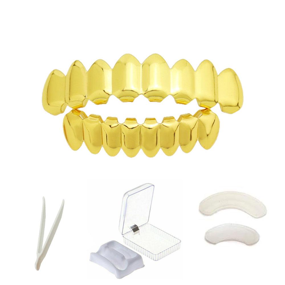 New 18K Copper Gold Plated HipHop Teeth Top&Bottom Grillz Teeth Set With Fixed Wax