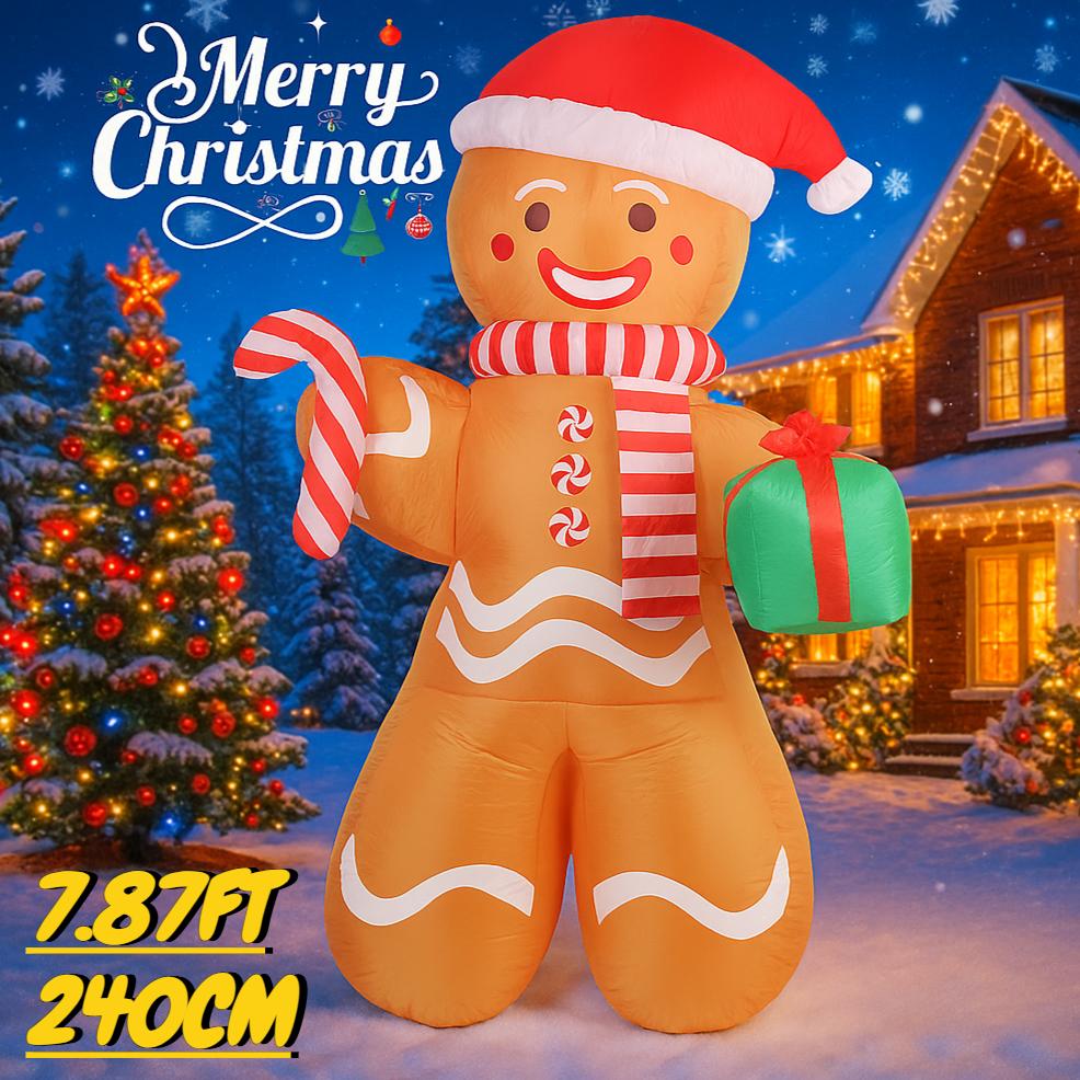 7.87FT Inflatable Toy Gingerbread Man Candy Cane Gift with LED Lit Xmas Yard Lawn Party Decoration Christmas Home Supplies Gift