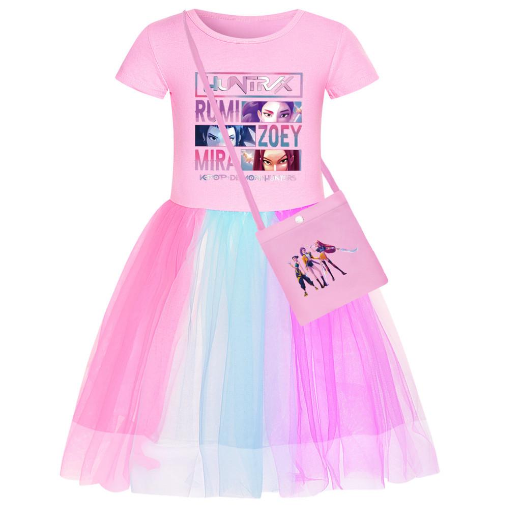 Kids Girls Anime Cartoon POP Singer Super Star Rumi Zoey Mira Print Mesh Rainbow Round Neck Casual Cotton Dress