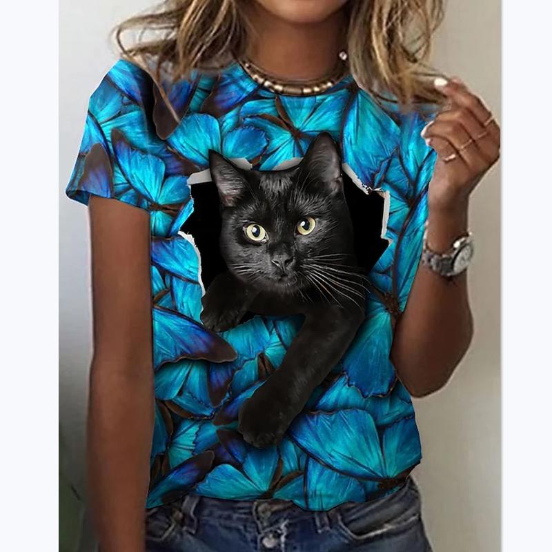 Модные футболки для женщин Harajuku повседневные топы 3D Kawaii Cat Printing Oversize женские забавные футболки с коротким рукавом летние топы 2024