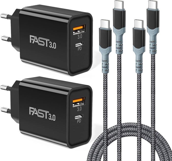 Chargeur USB C 2 pièces, Chargeur Rapide Type C 20W 2 Ports avec câble de Charge c 2 pièces 2M, Prise USB pd3.0 et QC 3.0,