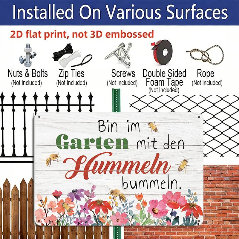 2D Flat, 1pc "Wandering in The Garden with Bumblebees" Aluminium Sign 8x12 Inch - German Garden Quote, Watercolor Floral & Bumblebee Design