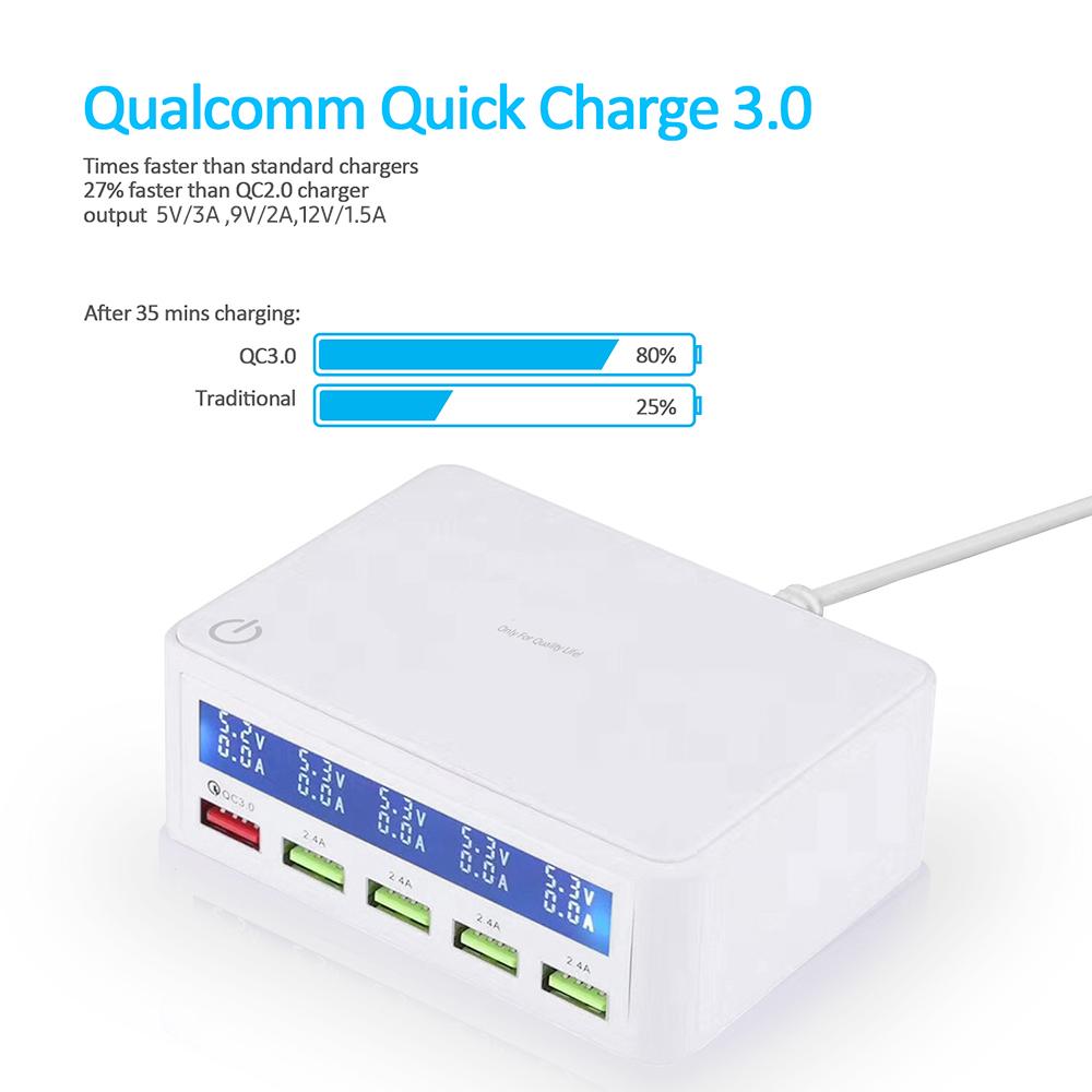 Зарядная станция USB мощностью 50 Вт. Многопортовое зарядное устройство USB-концентратора. Зарядное устройство USB QC 3.0 с ЖК-дисплеем. 5 портов USB.