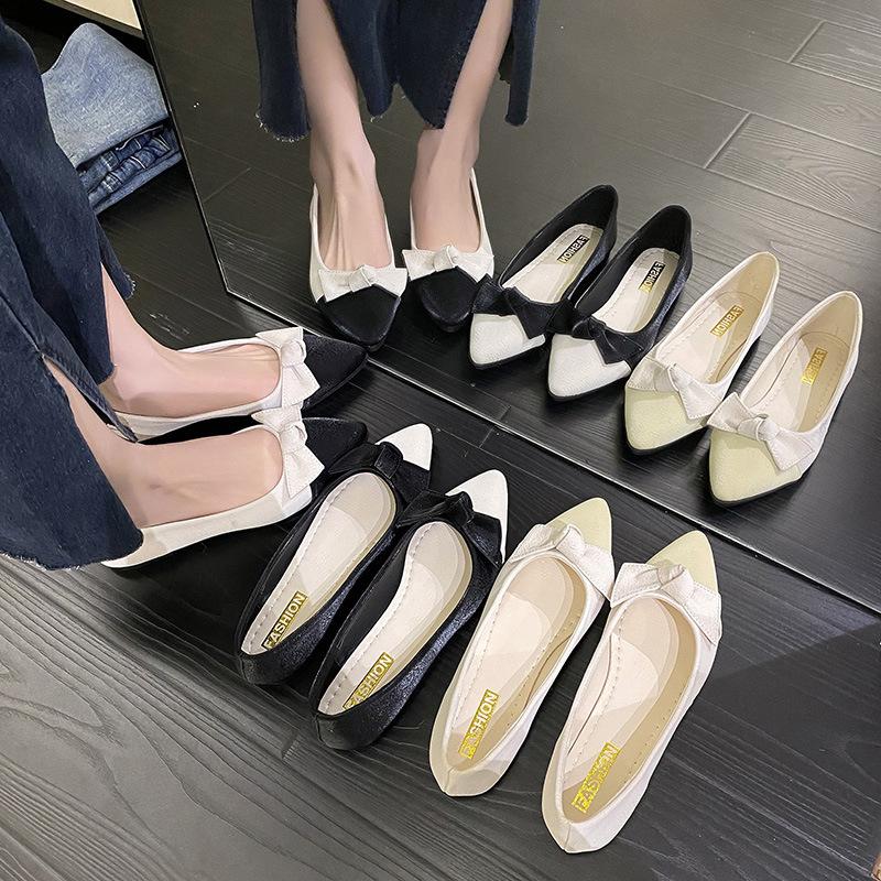 2024 Осень Новые остроносые туфли на плоской подошве с мелким вырезом для женщин Модные удобные женские туфли с бантом на мягкой подошве Zapatos De Mujer