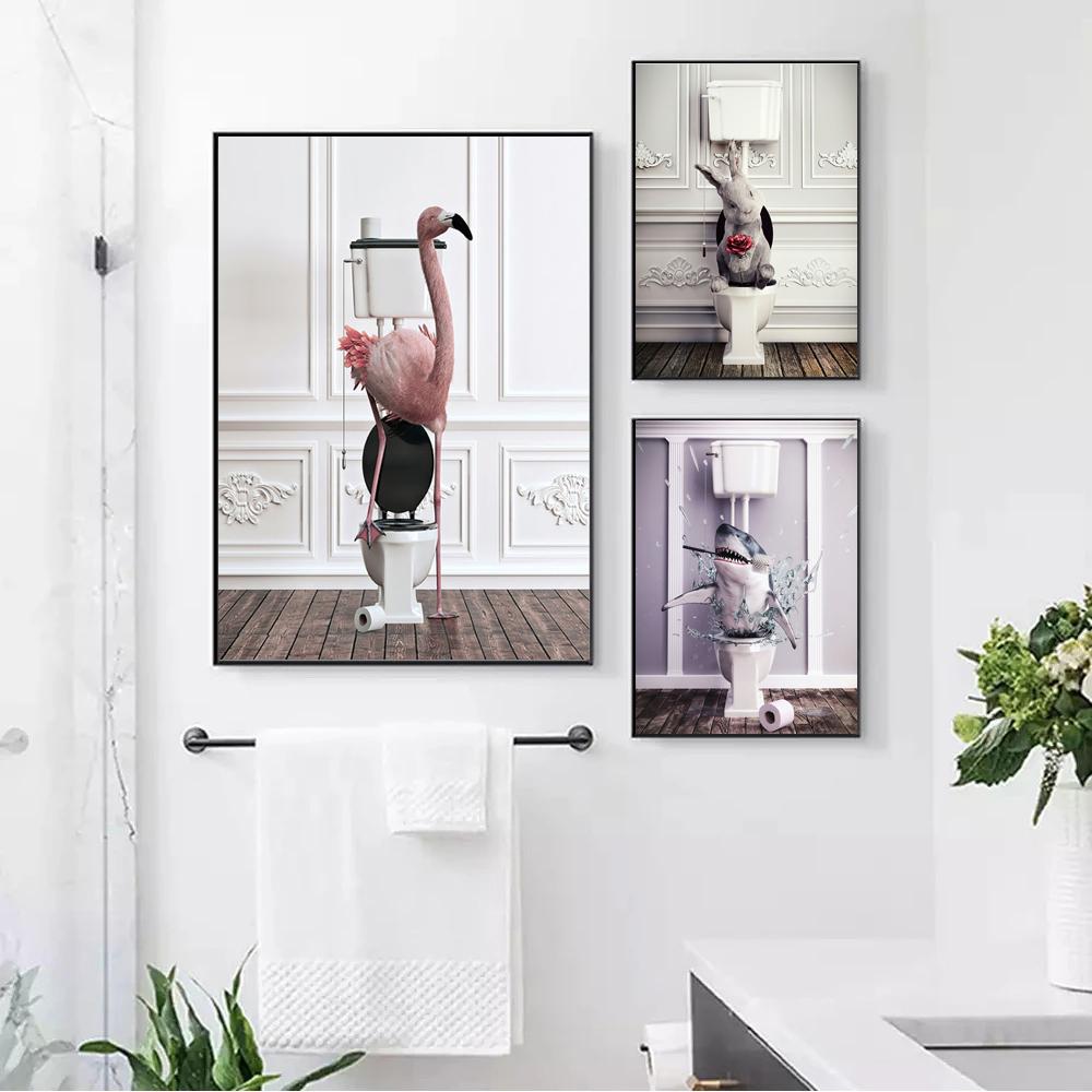 Юмор для ванной комнаты животное динозавр кролик акула лиса настенная живопись печать холст живопись ванна плакат настенные панно туалет домашний декор