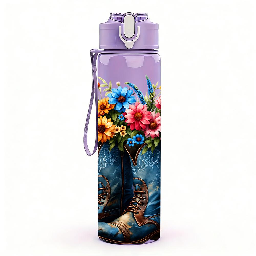 1PC Cowboy Boot Wildflower Bouquet 750ml Color Plastic Sports Water Bottle Leakproof Flip Straw Lid Suitable for Sports Office Home Use