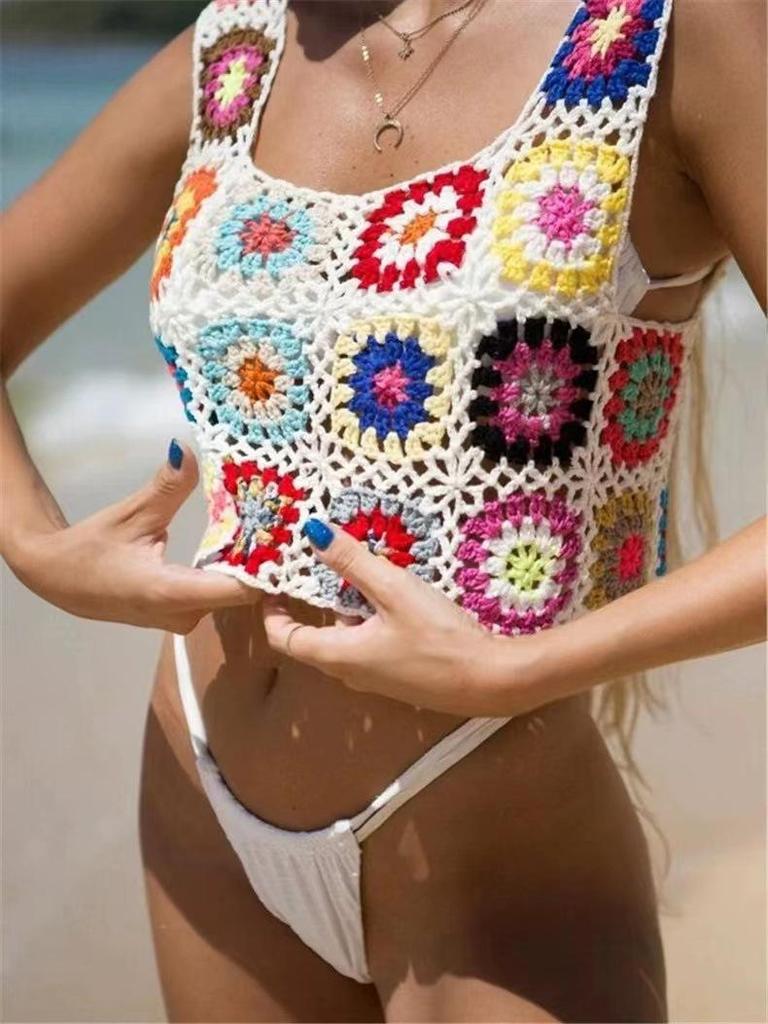 2022 Ethnic Style Hand-Crocheted Vest with Random Floral Design