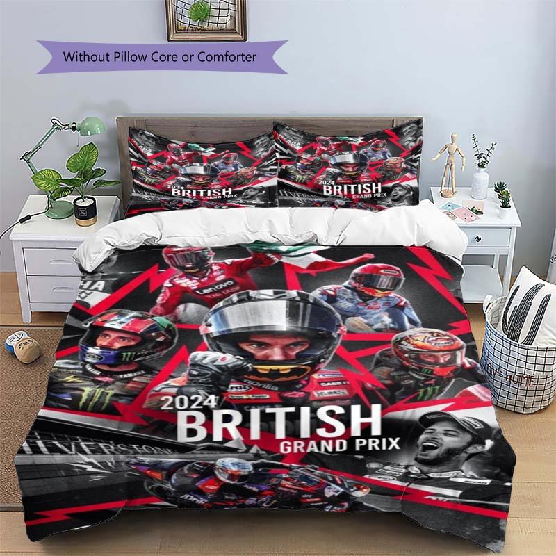 Постельное белье MotoGP Гран-при Великобритании, Пододеяльник с изображением гонщика на мотоцикле, Комплект из 3 предметов с 2 наволочками для декора спальни, Без одеяла