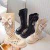Children Chain High Boots Summer Girls Hollow Princess Boots with Bow-knot Kids Fashion Fashion PU Boots Side Zip Low Heels