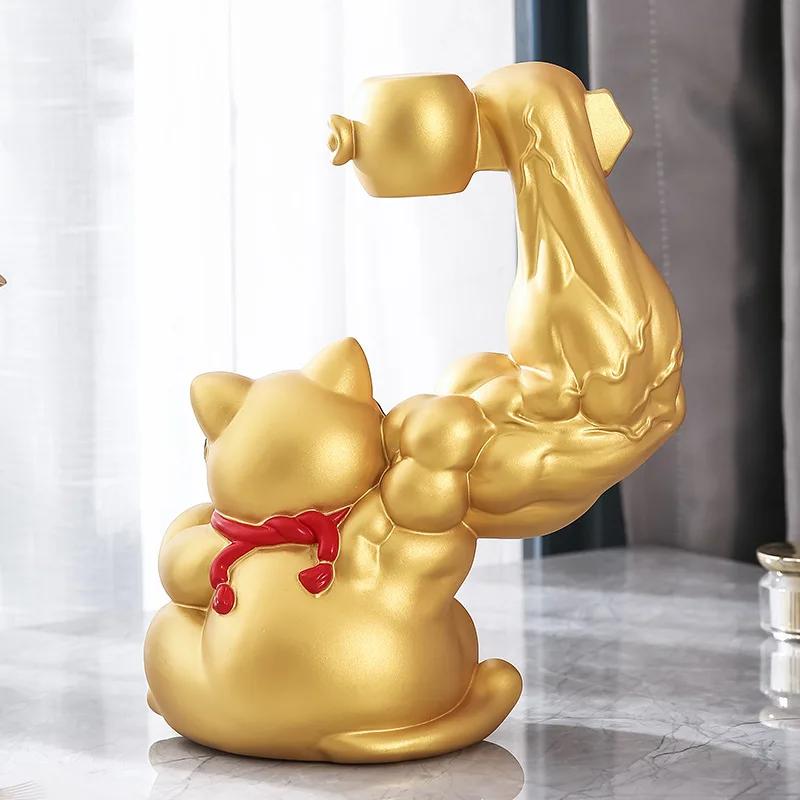Статуэтки Golden Cat Muscle Arm Lucky Cat скульптура Украшения Поднос для хранения из смолы Подстаканник для хранения ключей Украшения