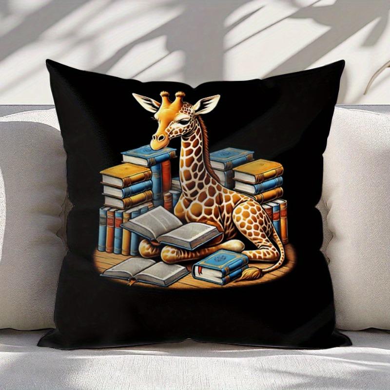 1pc, Vintage Giraffe Reading Books Pillowcase - Zippered Polyester Pillow Cover, Single-Sided Print, Machine Washable, Suitable for Sofa and Living Ro