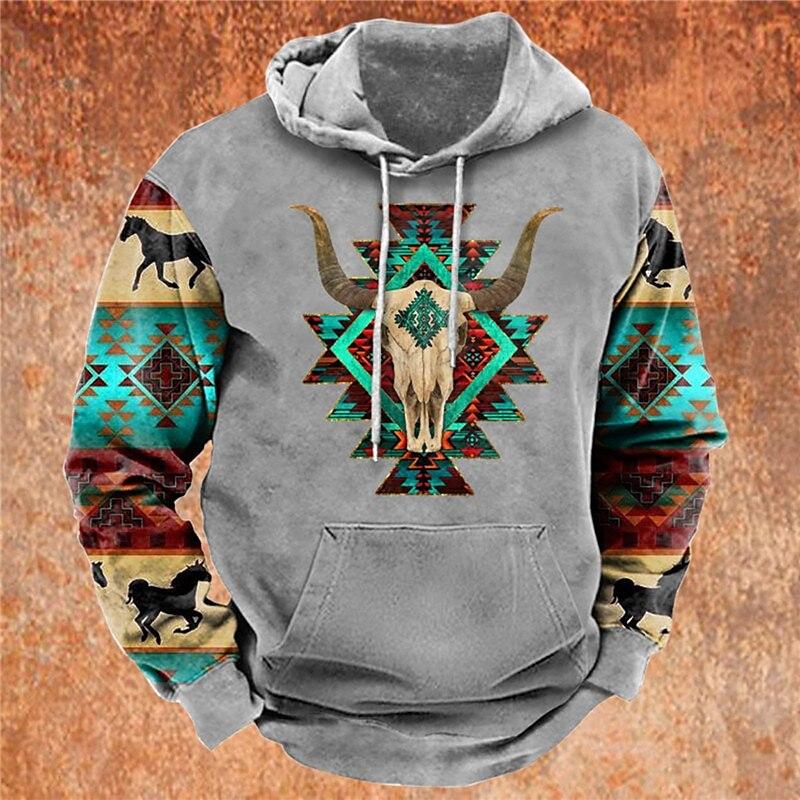 Мужская толстовка с капюшоном Western Cowboy Hooded Sweatshirt North America Demon Wendigo Printed Oversize Harajuku Clothes Vintage Streetwear