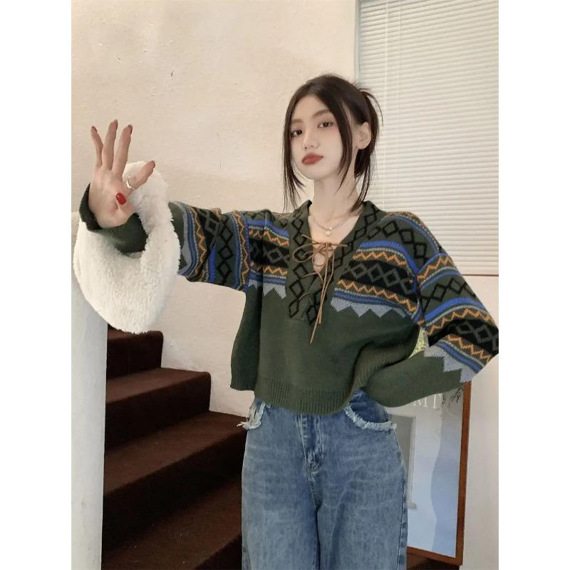 Винтажные свитера женские на шнуровке элегантные уютные с V-образным вырезом модные женские пуловеры в стиле BF трикотаж Ulzzang классический уличный стиль осень