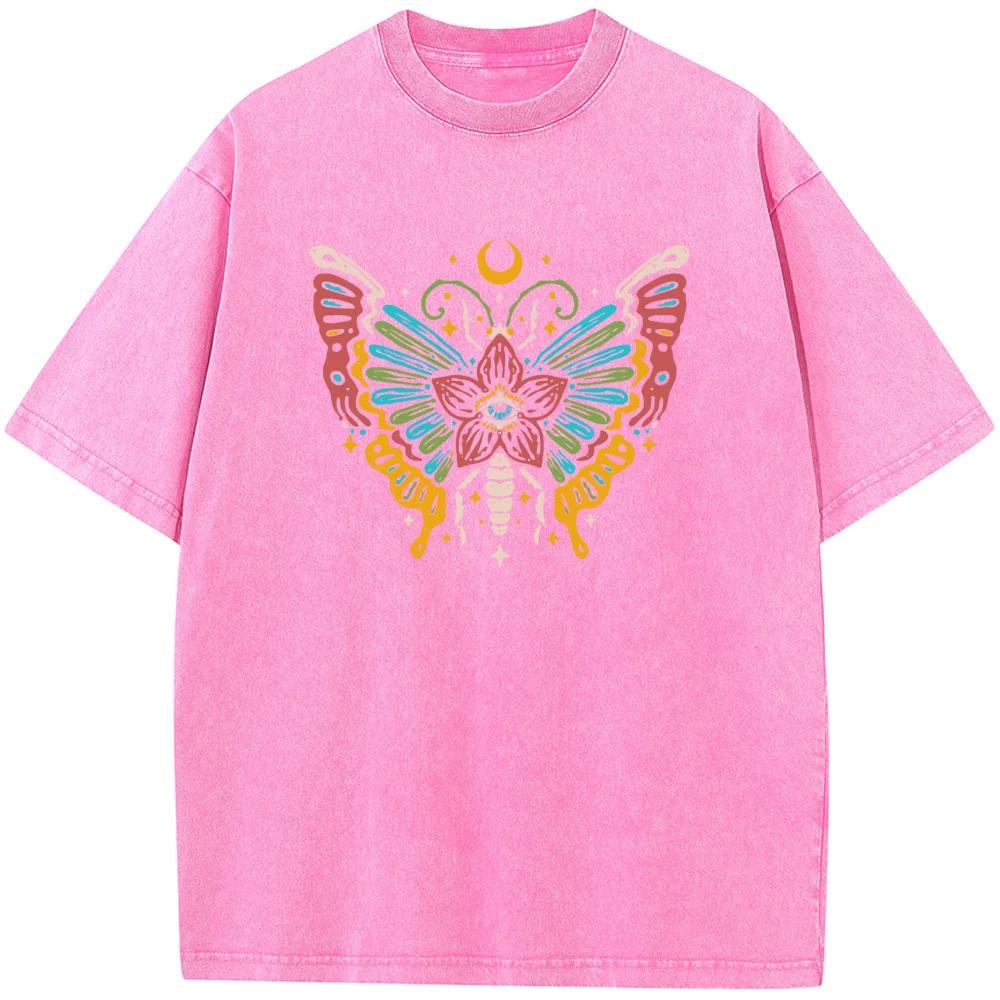 Женская футболка с коротким рукавом Butterfly Moon, выбеленная футболка, модная свободная выстиранная футболка, хлопковая выбеленная футболка