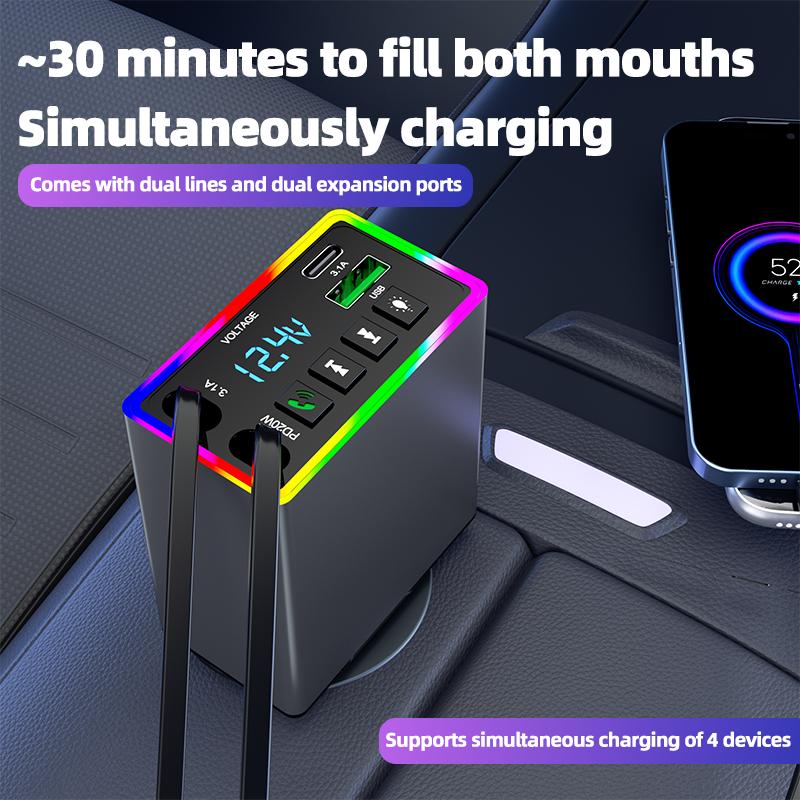 Автомобильный Bluetooth MP3 FM-передатчик 4-в-1 Быстрая зарядка 120 В Выдвижной кабель Автомобильное зарядное устройство с цветной подсветкой Встроенный медиаплеер