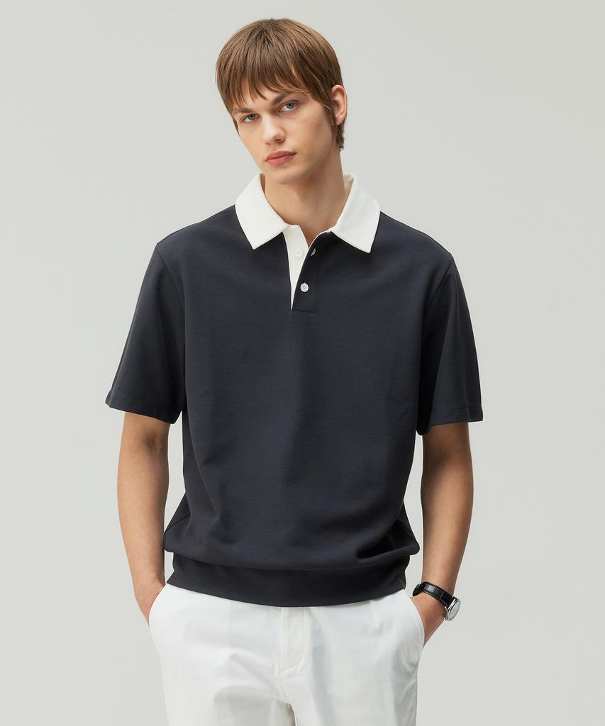 MINDBRIDGE Waffle Texture Color Block Semi-Over Collar T-Shirt - 2 Colors