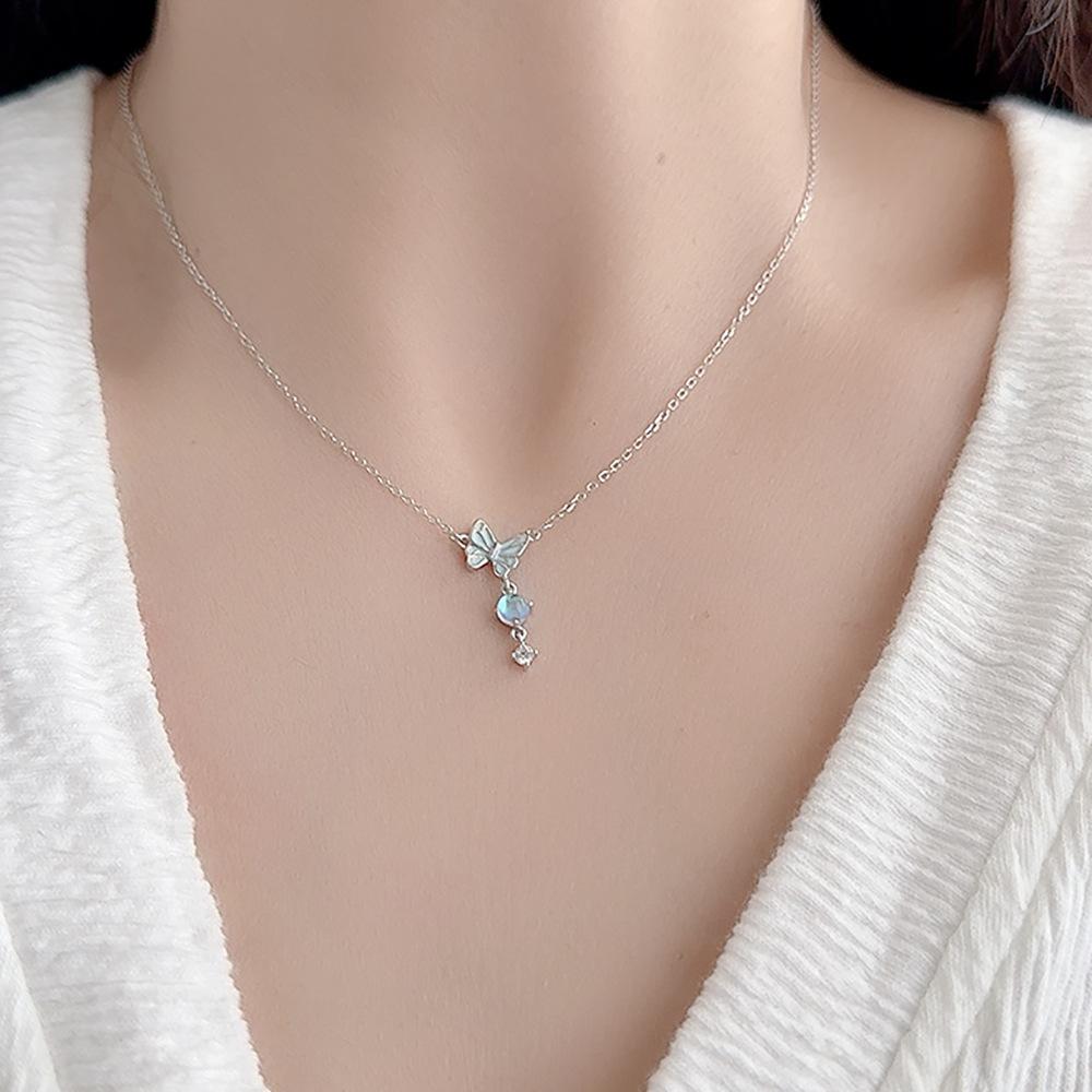 925 Sterling Silver Luminous Butterfly Necklace Moonstone Pendant Tassel Clavicle Chain Fine Jewelry for Trendy Birthday Gifts