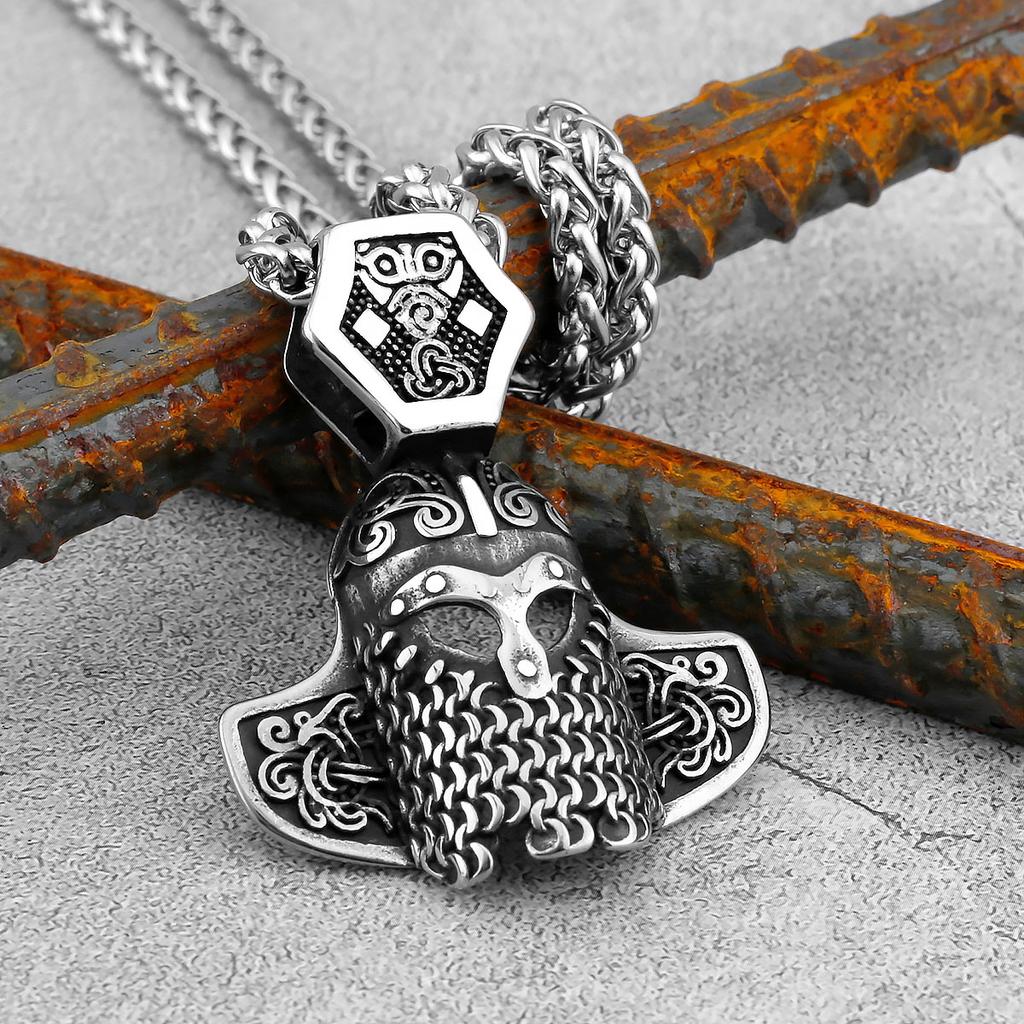 Nordic Odin Crow Skull Pendant Necklace Gothic Stainless Steel Raven Skull Compass Rune Necklace for Men Punk Jewelry