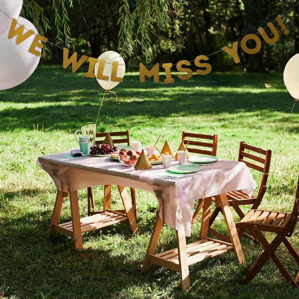 We Will Miss You Banner, Farewell Party Decoration, Perfect Pre-Strung Glitter Gold Sign for Going Away, Retirement, Coworker Leaving, or Goodbyes, 7