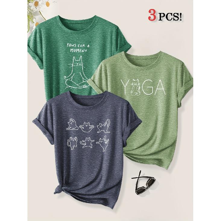 3 Pack Yoga Master Cat Fun Animal Print Women Loose Short Sleeve T Shirts Summer Autumn Leisure Fashion Tops
