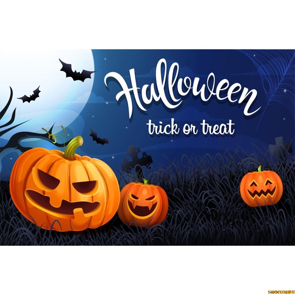 1pc Blue Halloween Party Backdrop with Night Moon Gothic Castle Pumpkin Bats Ghost Banner for Halloween Themed Party Decoration
