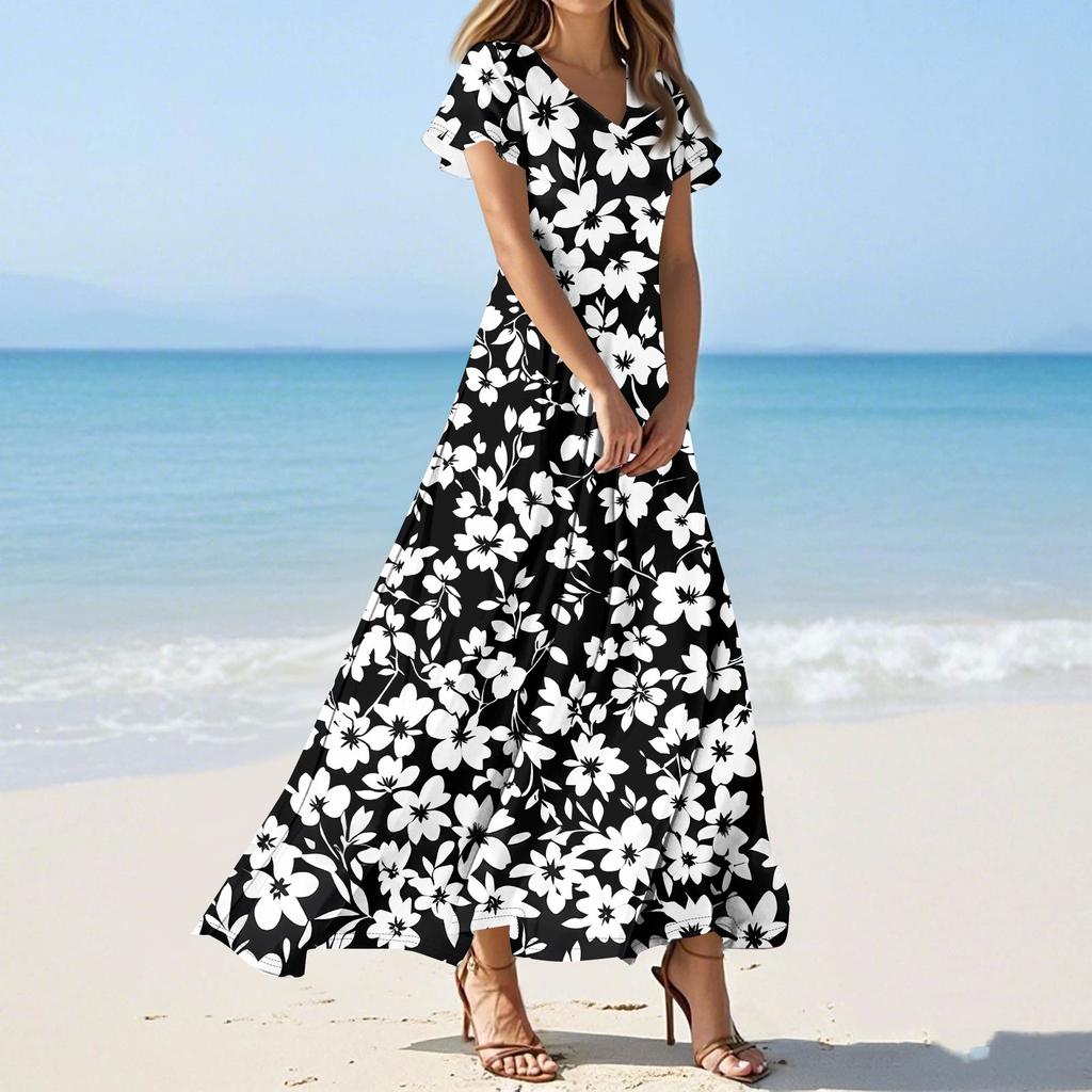 Женские повседневные модные длинные платья с принтом, платья с V-образным вырезом и коротким рукавом