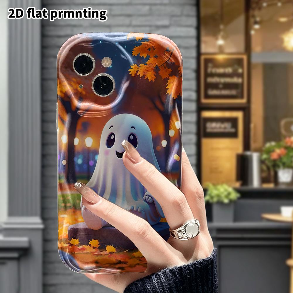 Phone Case: 2D flat, fits iPhone 12 Pro, 13, 14, 15, 16, 17, 18, phone decoration, cute sitting ghost, Halloween and Christmas gift