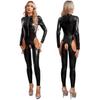 Women Wet Look Leather Bodysuits Lingerie Front Zipper Long Sleeve Jumpsuit Hollow Out Bodycon Catsuits