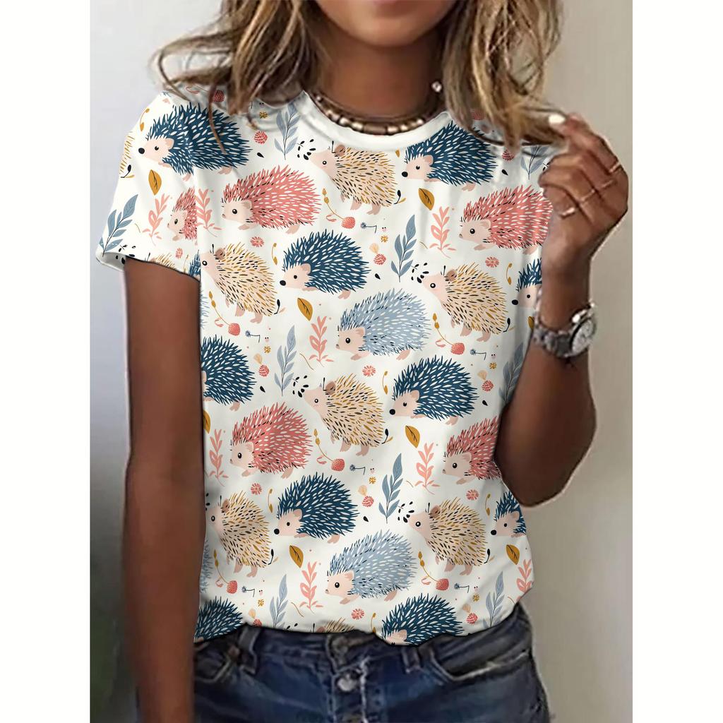 Summer Women's T Shirt Animal Hedgehog Print Casual O-Neck Short Sleeve Pullover Daily Outdoor Female T-Shirt Overszied Clothing