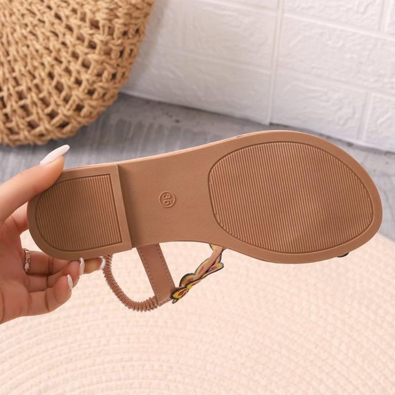 Женские сандалии на плоской подошве большого размера с цветочным принтом для отпуска и эластичным носком, а также пляжные сандалии