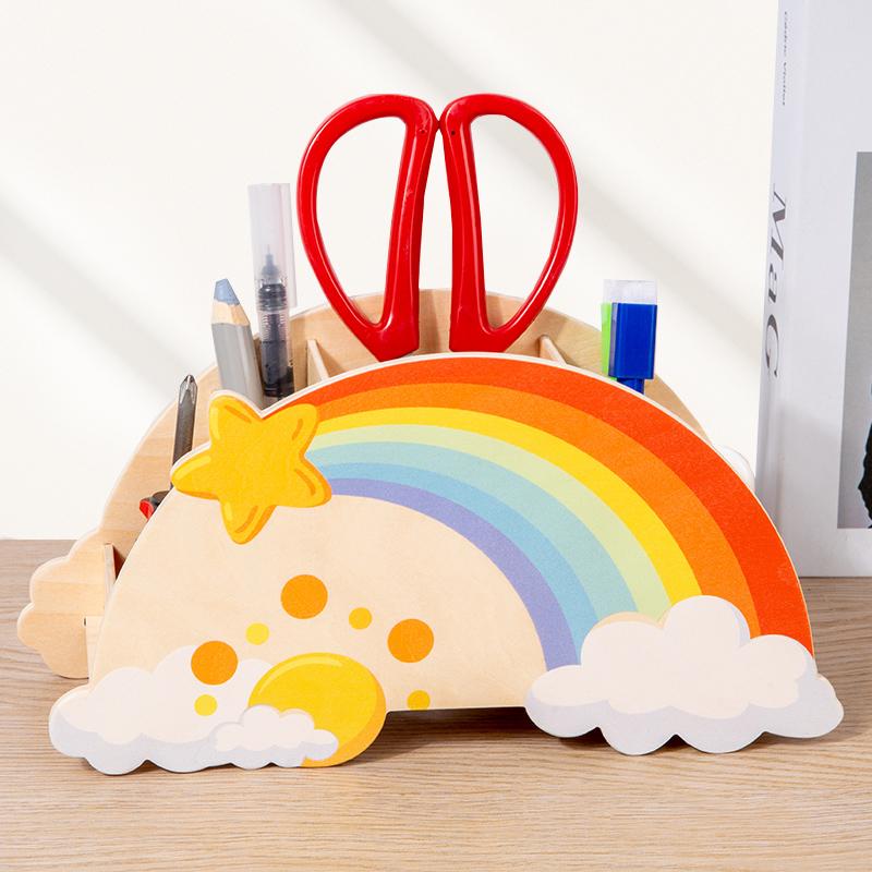 Lovely Wooden Rainbow Pen Container Multi-Compartment Pencil Case Desktop Stationery Organizer For School Office Gifts for Kids