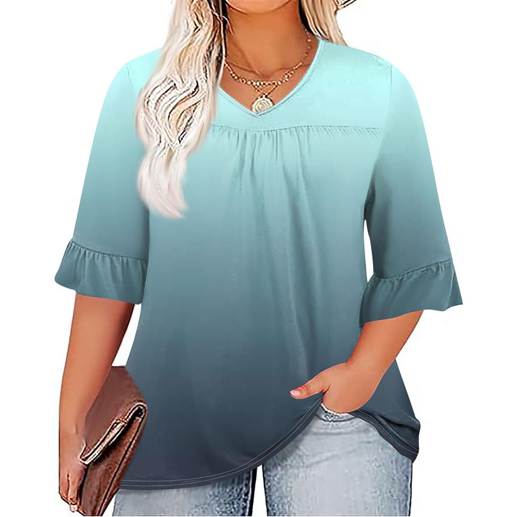 Женская мода, повседневная плиссированная футболка с v-образным вырезом и принтом, семиминутная футболка с рюшами и рукавами, топы больших размеров