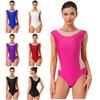 Womens Gymnastics Figure Skating Bodysuit Round Neck Sleeveless Shiny Rhinestone Mesh Patchwork Leotard Dance Jumpsuit