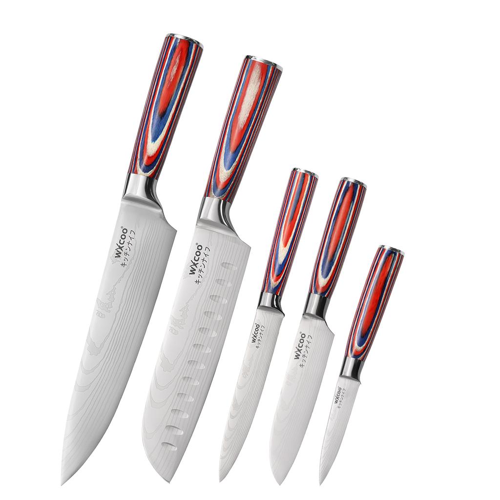 5PCS Damascus Pattern Chef Knife Kitchen Knife Meat Cleaver Wood Handle Paring Utility Santoku Slicing Knife