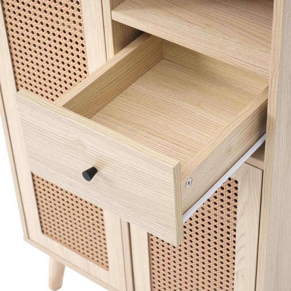 Chest of Drawers Doors, Drawers, Open Storage Compartments, Modern Highboard Made of Wood Rattan Doors, Bedroom, Living Rooms, Office, Oak, 60x40x101cm
