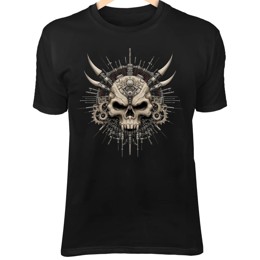 Cyber Demon Skull T-Shirt – Mechanical Horns, Fire Circuits, Tech Inferno