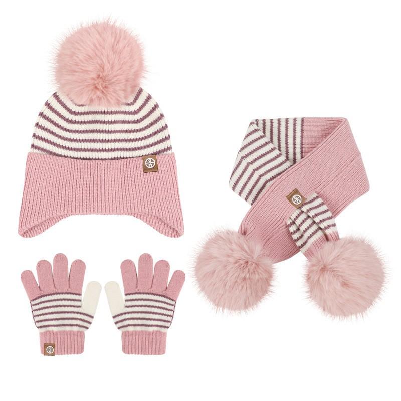 Kids 3-Piece Knit Hat Scarf Gloves Set Striped Fleece Lined Winter Warm Earflap With Pom