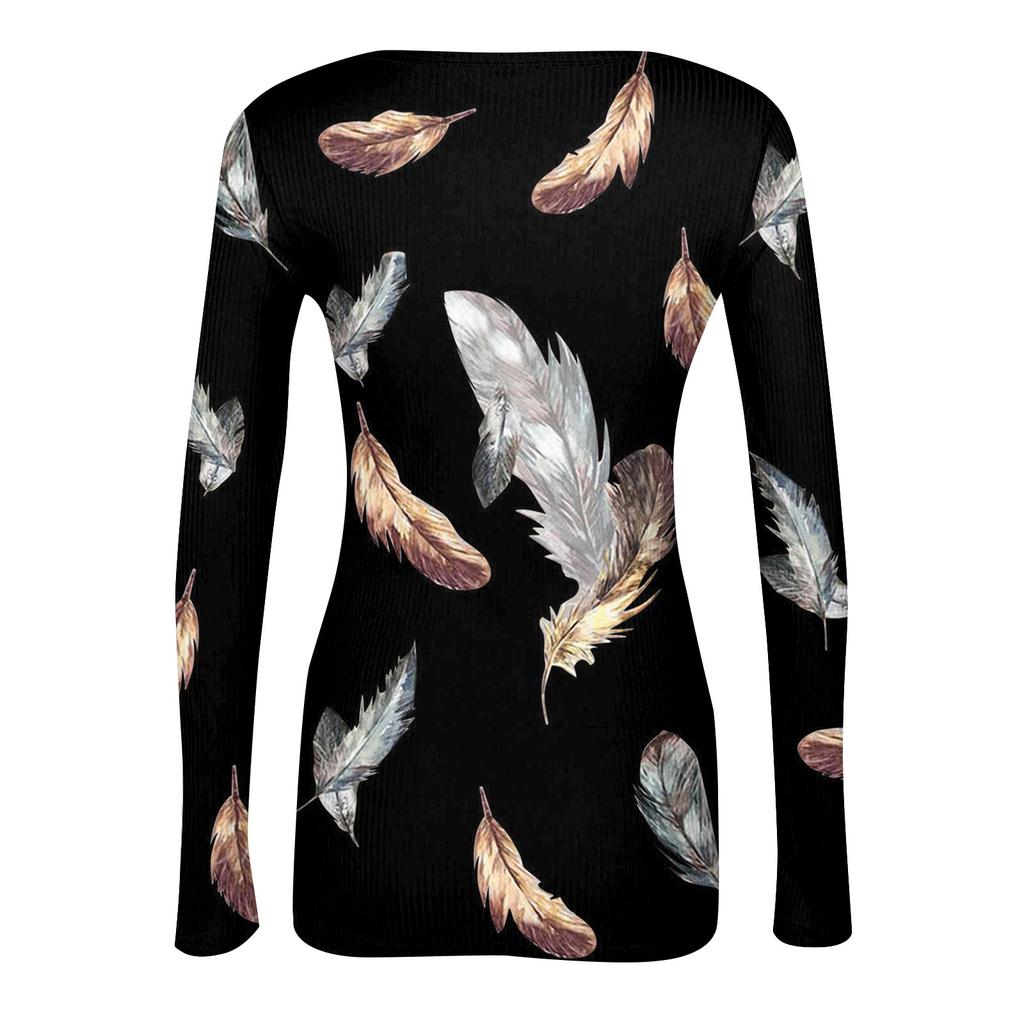 Women's Autumn And Winter Slim Fit Base T-shirt Fashionable Casual Gradient Regular Print U-neck Pullover Long Sleeved Top