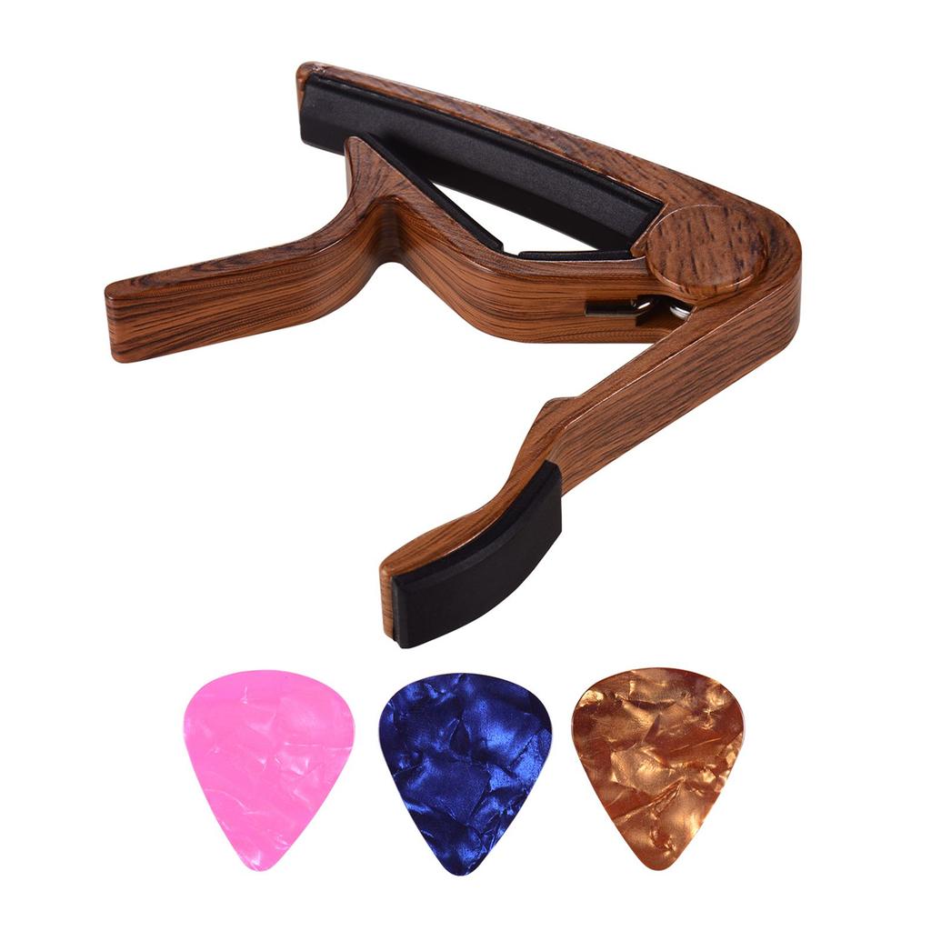 Aluminum Alloy Wood Color Guitar Capo for 6 String Folk Guitar Electric Guitar with 3pcs Random Color Picks