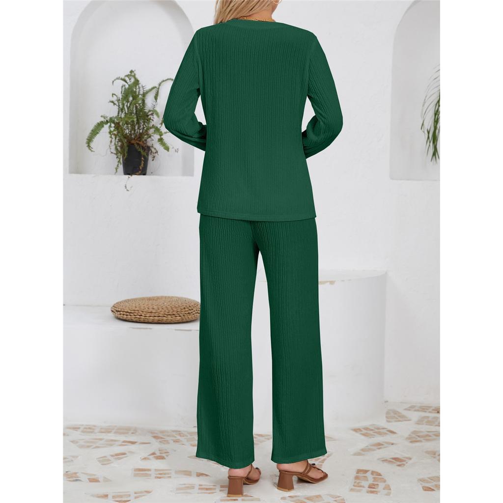 Женские комплекты свободного покроя из трикотажного жаккарда с длинными рукавами и круглым вырезом, брюки с высокой талией и завязками