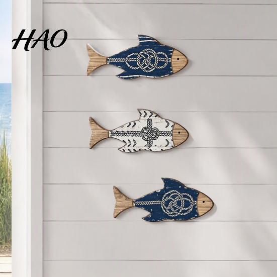 Nautical Bathroom Accessories 3Pcs/Set Wooden Fish Wall Decor, Knot Print Decorations, Coastal Rustic Wood Decor Style Art for Beach House Home