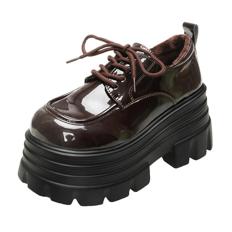 Модные 9 см Новые Женские Зимние Теплые Кроссовки На шнуровке Высокая Платформа Кожаная Обувь Женская Готическая До щиколотки Рок Ботинки Толстая Подошва Меховая Обувь