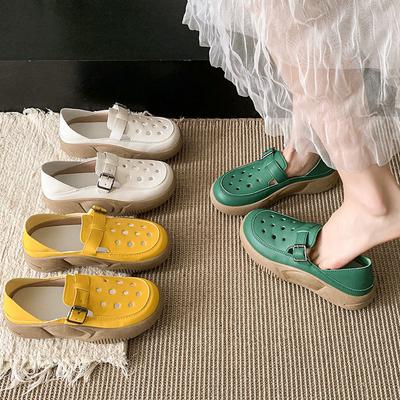 Нишевые ретро повседневные весенне-летние туфли с полыми отверстиями из мягкой кожи на толстой подошве, два способа носки, одинарные туфли