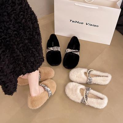 Женские пушистые балетки, удобные и стильные в носке, ретро и универсальный модный дизайн, хлопковые тапочки для ношения на улице