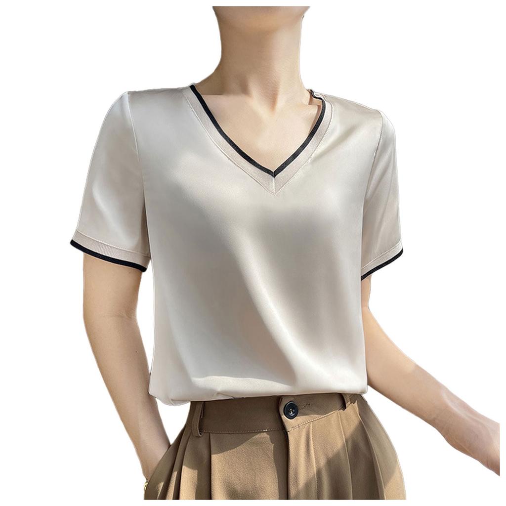 Персиковая женская рубашка 2025 года, летняя новая шелковая атласная футболка с коротким рукавом, женская сетчатая однотонная жилетка, темпераментная рубашка с V-образным вырезом