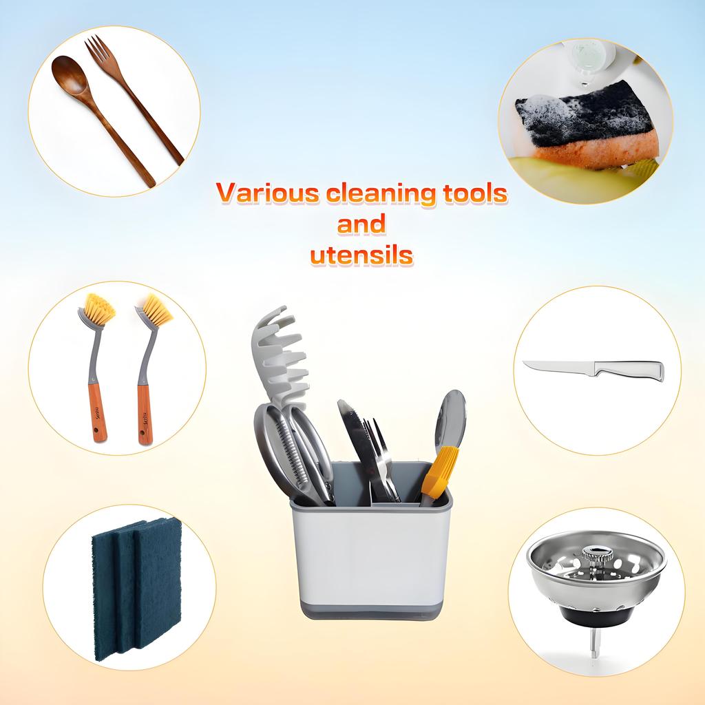 Держатель для посудной щетки со съемным поддоном | Органайзер для раковины для губки, скребка и кухонной утвари | Сушилка для столешницы