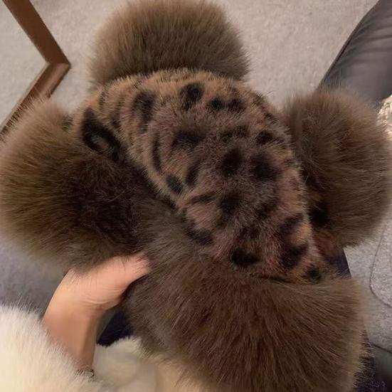 Winter Hat Retro Style Leopard Print Plush Trim Windproof Hat Bear Ear Decor Thickened Warm Women Hat